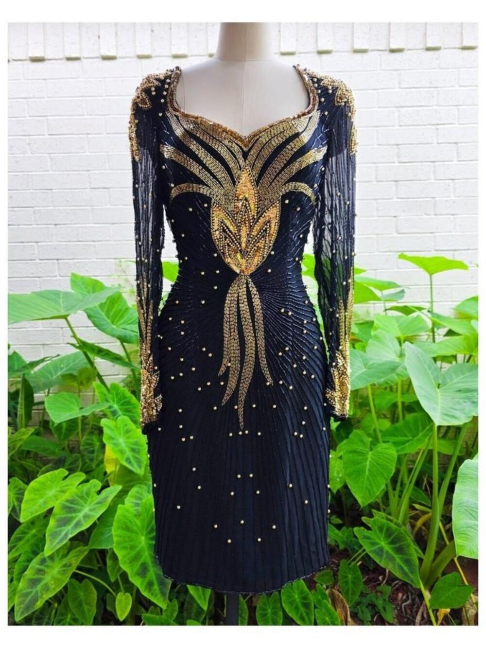 Vintage Black & Gold Heavily Beaded Cocktail Dress ✨ Art Deco Glam